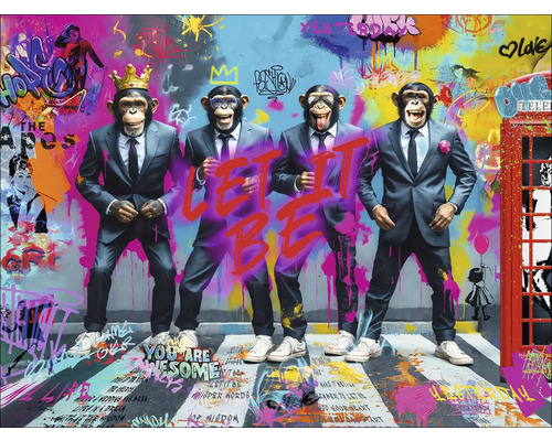 Abstract schilderij met apen in pakken en graffiti op de achtergrond