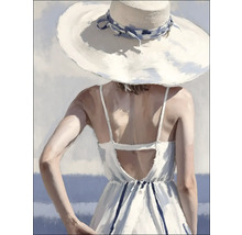 Schilderij van een vrouw met hoed en zomerjurk van achteren