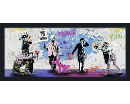 Ingelijste muurafbeelding met graffitimotieven van politieagenten, Albert Einstein en Charlie Chaplin