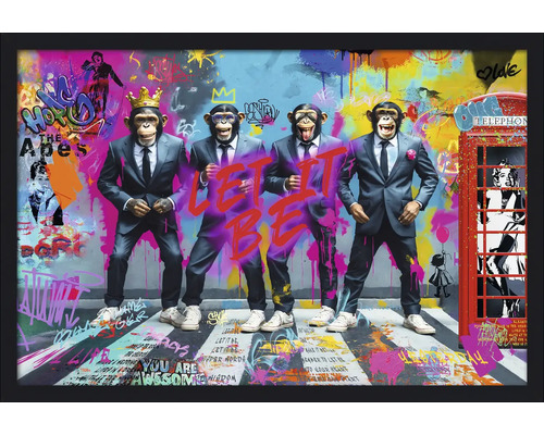 Decoratieve wandafbeelding met apen in pak en graffiti-elementen