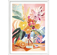 Schilderij met bloemen, bladeren en sinaasappels in witte lijst