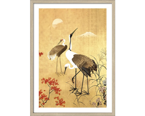 Ingelijste muurafbeelding met kraanvogels en Japans landschap