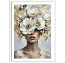 Schilderij van een vrouw met bloemen in haar haar in een lijst