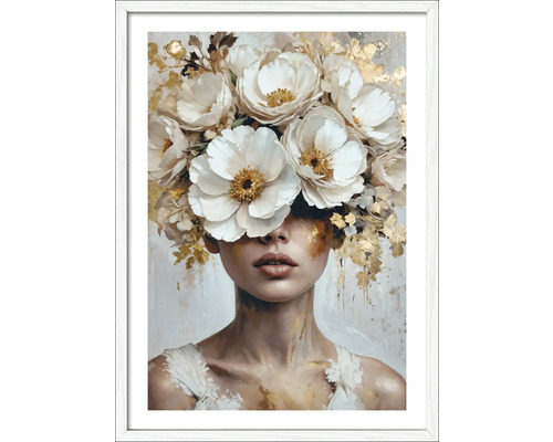 PURE LIVING Schilderij met lijst Bloemen op haar hoofd XI 53x73 cm Schilderij van een vrouw met bloemen in haar haar in een lijst