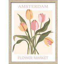 Ingelijste poster met tulpenmotief en de tekst Amsterdam Flower Market