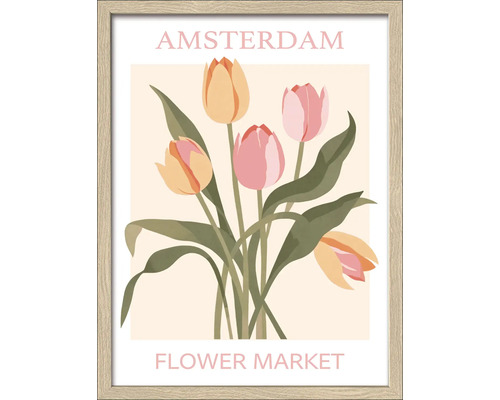 Ingelijste poster met tulpenmotief en de tekst Amsterdam Flower Market
