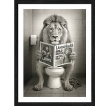 Ingelijste afbeelding van een leeuw die op een toilet zit en een tijdschrift leest