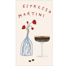 Illustratie van een Espresso Martini naast bloemen in een vaas