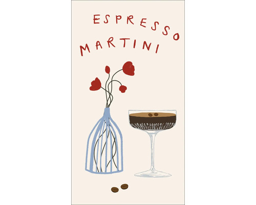 Illustratie van een Espresso Martini naast bloemen in een vaas