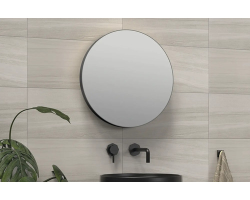 SANOX Badkamerspiegel Rond Ø 40 cm mat zwart Badkamer met ronde spiegel, wastafelarmatuur en wandtegels