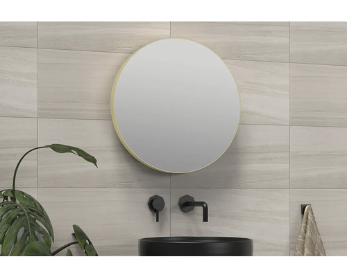 SANOX Badkamerspiegel Rond Ø 40 cm Badkamerscène met ronde spiegel, wastafel en wandtegels