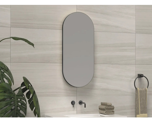 SANOX Badkamerspiegel Ovaal 40x90 cm mat zwart Badkamer met langwerpige spiegel, wastafel en handdoekhouder