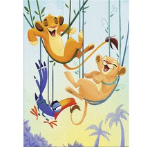 Illustratie van Simba, Nala en Zazu die plezier hebben op schommels