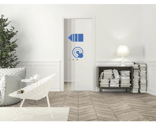 Lichte woonkamer met deur voorzien van symbolen voor schuiven en aanraken.