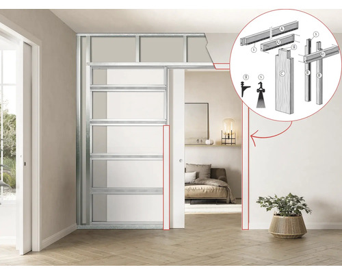 Installatiesituatie van een schuifdeur voor een wand met constructiedetails