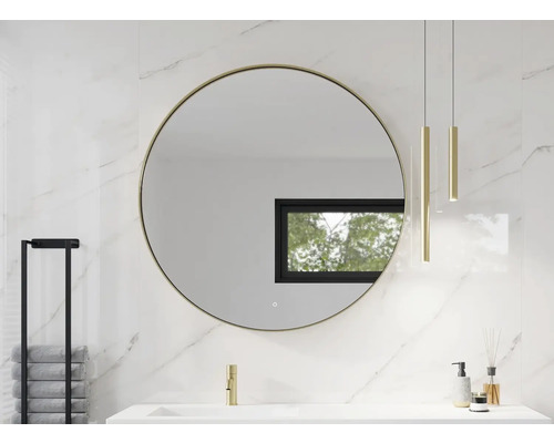 SANOX Badkamerspiegel met verlichting Rond met frame Ø 80 cm goud Badkamer met ronde spiegel, wastafel en handdoekhouder
