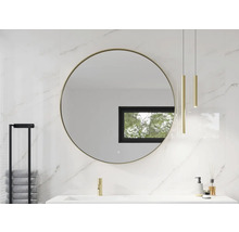 Moderne badkamer met ronde spiegel, kraan en handdoekhouder