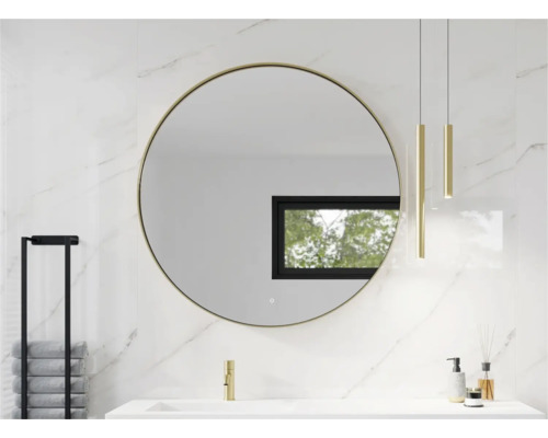 SANOX Badkamerspiegel met verlichting Rond met frame Ø 120 cm goud Moderne badkamer met ronde spiegel, wastafel en handdoekrek