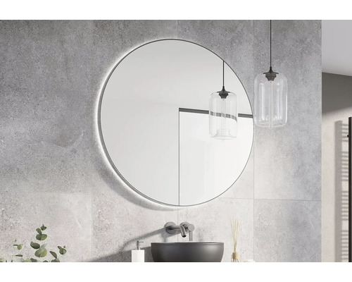 SANOX Badkamerspiegel met verlichting Rond met frame Ø 100 cm gun metal Badkamer met ronde spiegel, wastafel en hanglampen