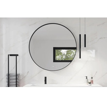 Moderne badkamer met ronde spiegel, handdoekrek, waskom en hangende verlichting