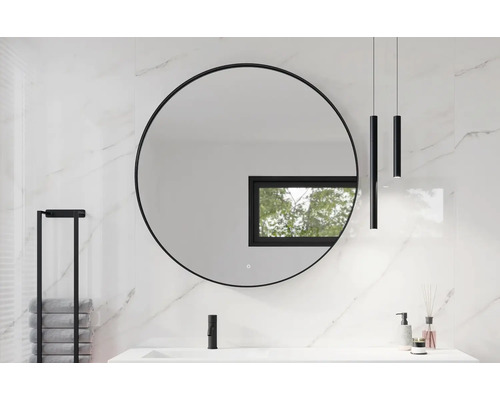 SANOX Badkamerspiegel met verlichting Rond met frame Ø 100 cm mat zwart Moderne badkamer met ronde spiegel, handdoekrek, waskom en hangende verlichting