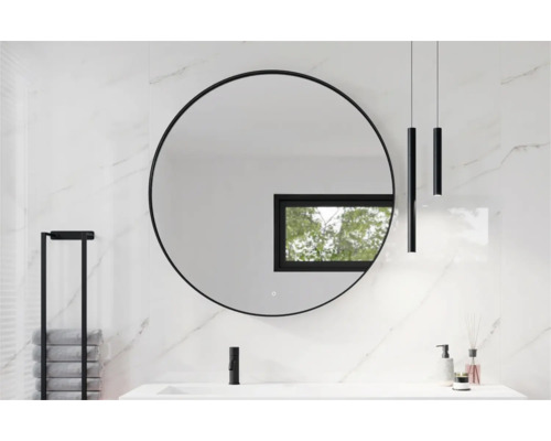SANOX Badkamerspiegel met verlichting Rond met frame Ø 120 cm mat zwart Moderne badkamer met ronde spiegel, wastafel en handdoekhouder