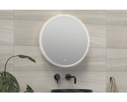 SANOX Badkamerspiegel met verlichting Rond met frame Ø 80 cm mat wit Badkamer met ronde spiegel met achtergrondverlichting, wastafel en kraan