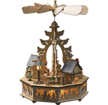 Houten kerstpiramide met winterdorpsscène en draaiende wieken