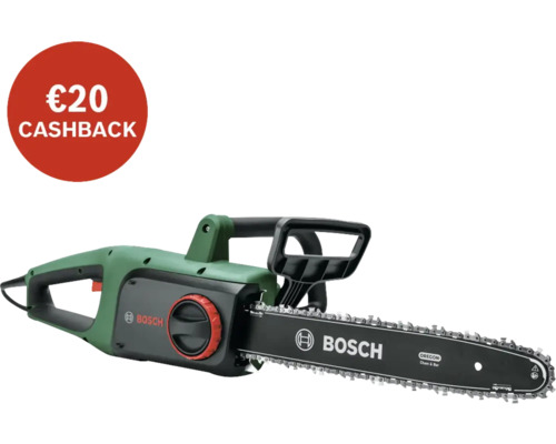 Bosch Logo op een groene kettingzaag met een €20 cashback actie.