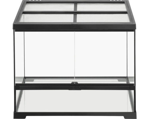 Leeg glazen terrarium met zwart frame en gaasdeksel