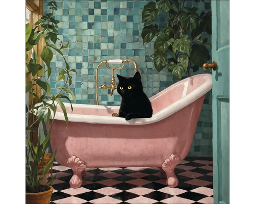 Badkamer met vrijstaand bad, betegelde wand, kamerplanten en zwarte kat