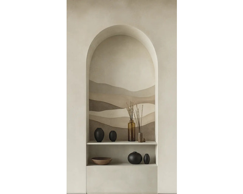 A.S. CRÉATION Fotobehang vlies 79144-6 3 interieur grafisch beige bruin crème zwart 159x280 cm Decoratieve plank met vazen en schaal voor wandschildering