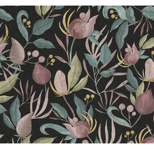 Behangpatroon met bloemen en bladeren op een donkere achtergrond