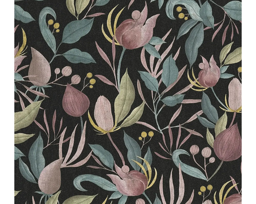 A.S. CRÉATION Vliesbehang 79062-2 COSMO Living bloemen structuur zwart blauw lichtroze geel paars Behangpatroon met bloemen en bladeren op een donkere achtergrond