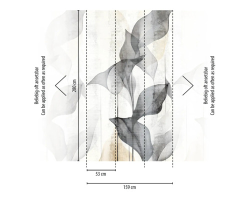 Illustratie van een behang met plantmotief en afmetingen