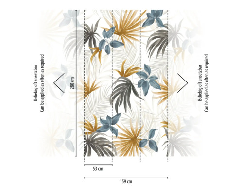 A.S. CRÉATION Fotobehang vlies 79145-1 COSMO Living bladeren bloemen natuur beige blauw wit 159x280 cm Behang met bladerpatroon en maatdetails