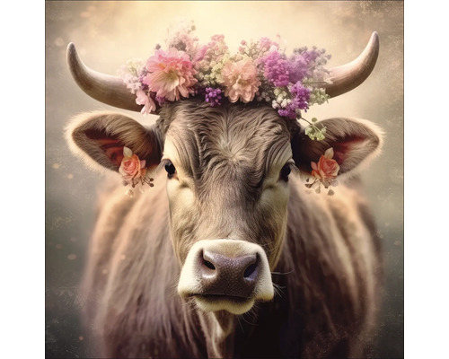 Portret van een koe met bloemversiering op het hoofd