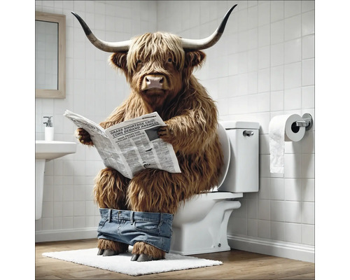 Een Schotse hooglander met een spijkerbroek zit op een toilet en leest een krant.