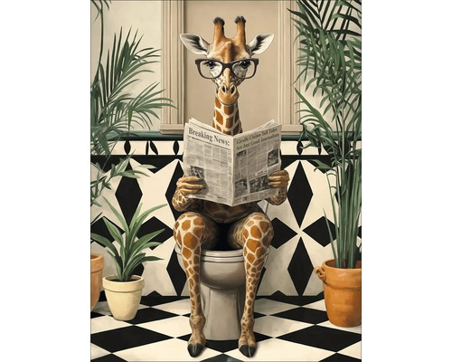 Schilderij van een giraffe met een bril die een krant leest terwijl hij op een toilet zit, omringd door kamerplanten