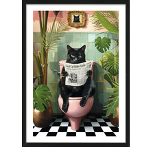 Ingelijste afbeelding van een zwarte kat die op een toilet zit en een krant leest, kamerplanten op de achtergrond