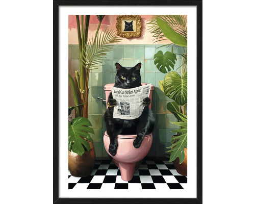 Ingelijste afbeelding van een zwarte kat die op een toilet zit en een krant leest, kamerplanten op de achtergrond