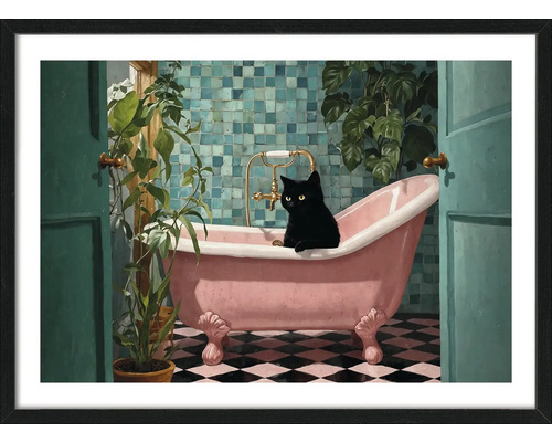 Ingelijste afbeelding van een badkamerscène met een zwarte kat in een roze badkuip