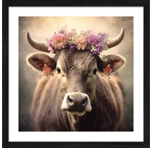 Ingelijste afbeelding van een koe met bloemenkrans