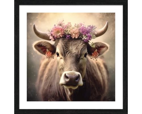 Ingelijste afbeelding van een koe met bloemenkrans