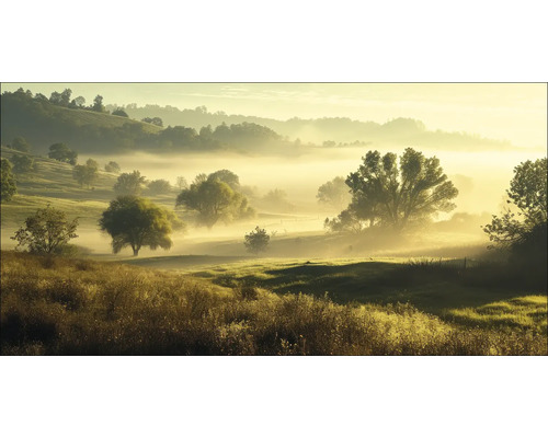 PURE LIVING Schilderij canvas Landschap in de ochtendnevel I 100x50 cm Mist ligt over een heuvelachtig landschap met bomen en gras.