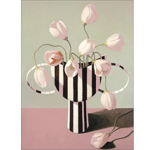 Schilderij met tulpen in gestreepte vaas