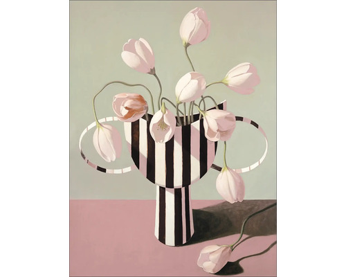 Schilderij met tulpen in gestreepte vaas