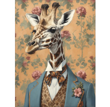 Illustratie van een giraffe in jas, vest en vlinderdas tegen een bloemige achtergrond