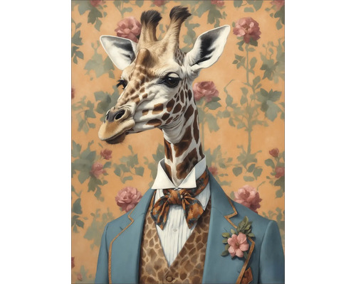 Illustratie van een giraffe in jas, vest en vlinderdas tegen een bloemige achtergrond