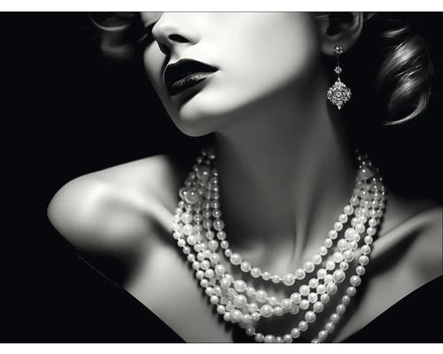 PURE LIVING Schilderij canvas Bling Bling Dame III 77x57 cm Close-up van een vrouw met een parelketting en oorbellen